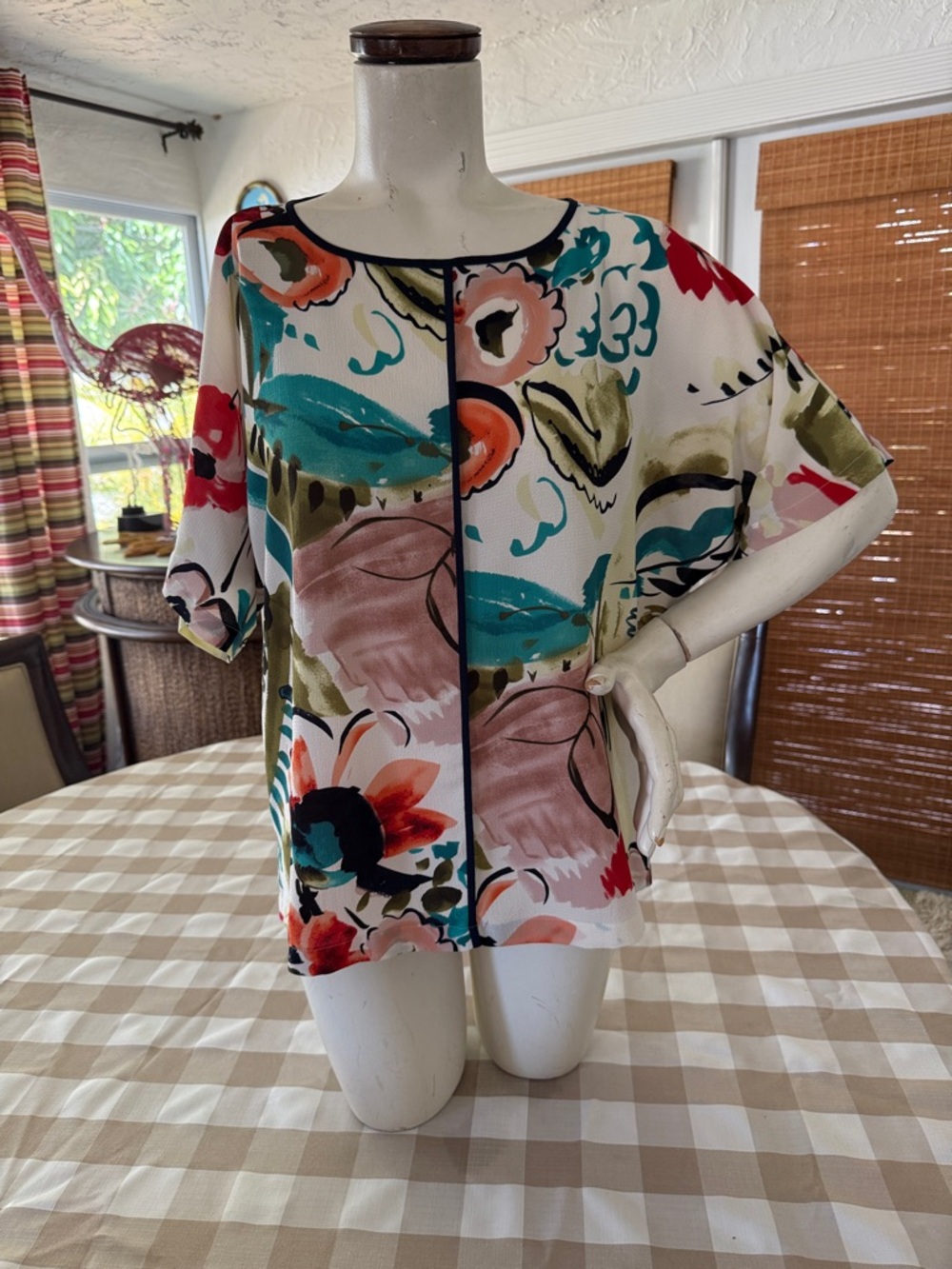 Abstract Floral Short Sleeve Blouse in White with Multi-Color Print